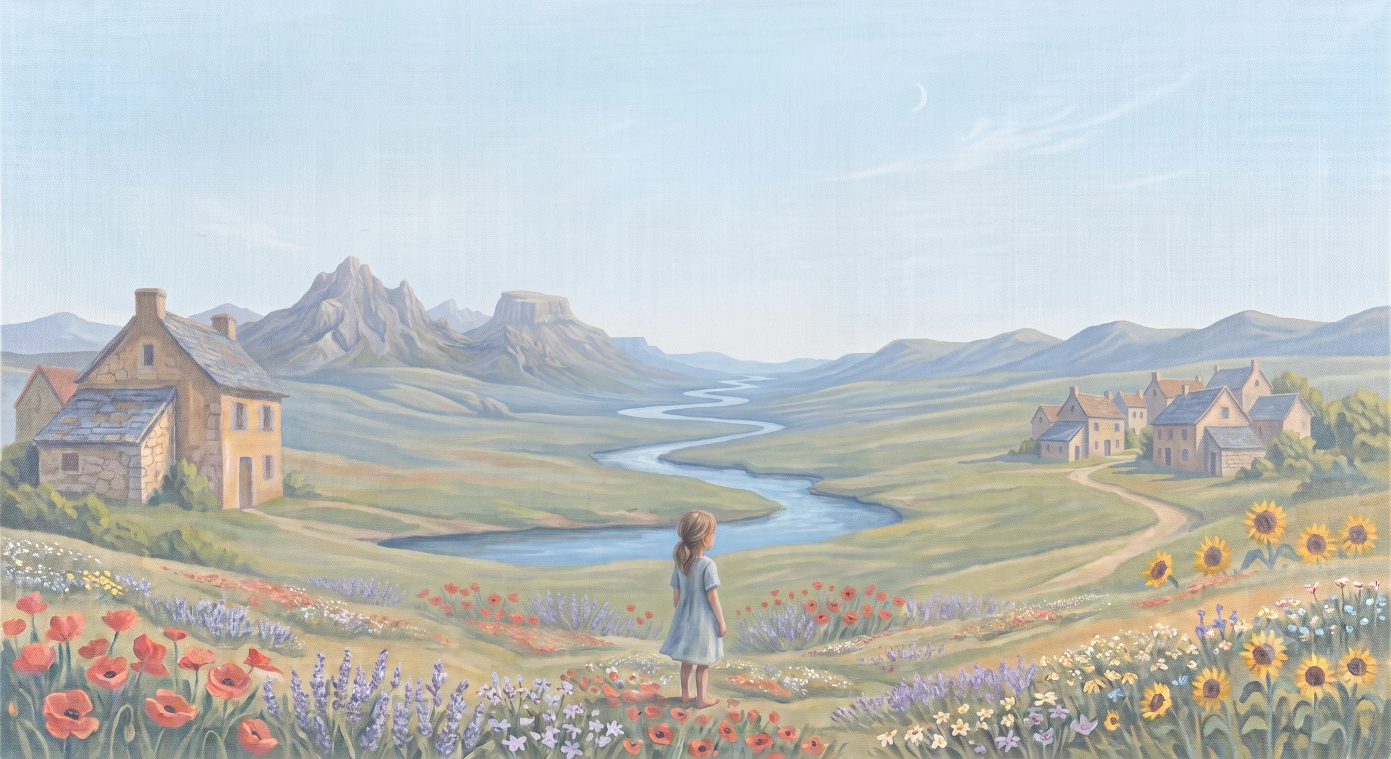 Scenic countryside landscape with winding river, village and wildflowers